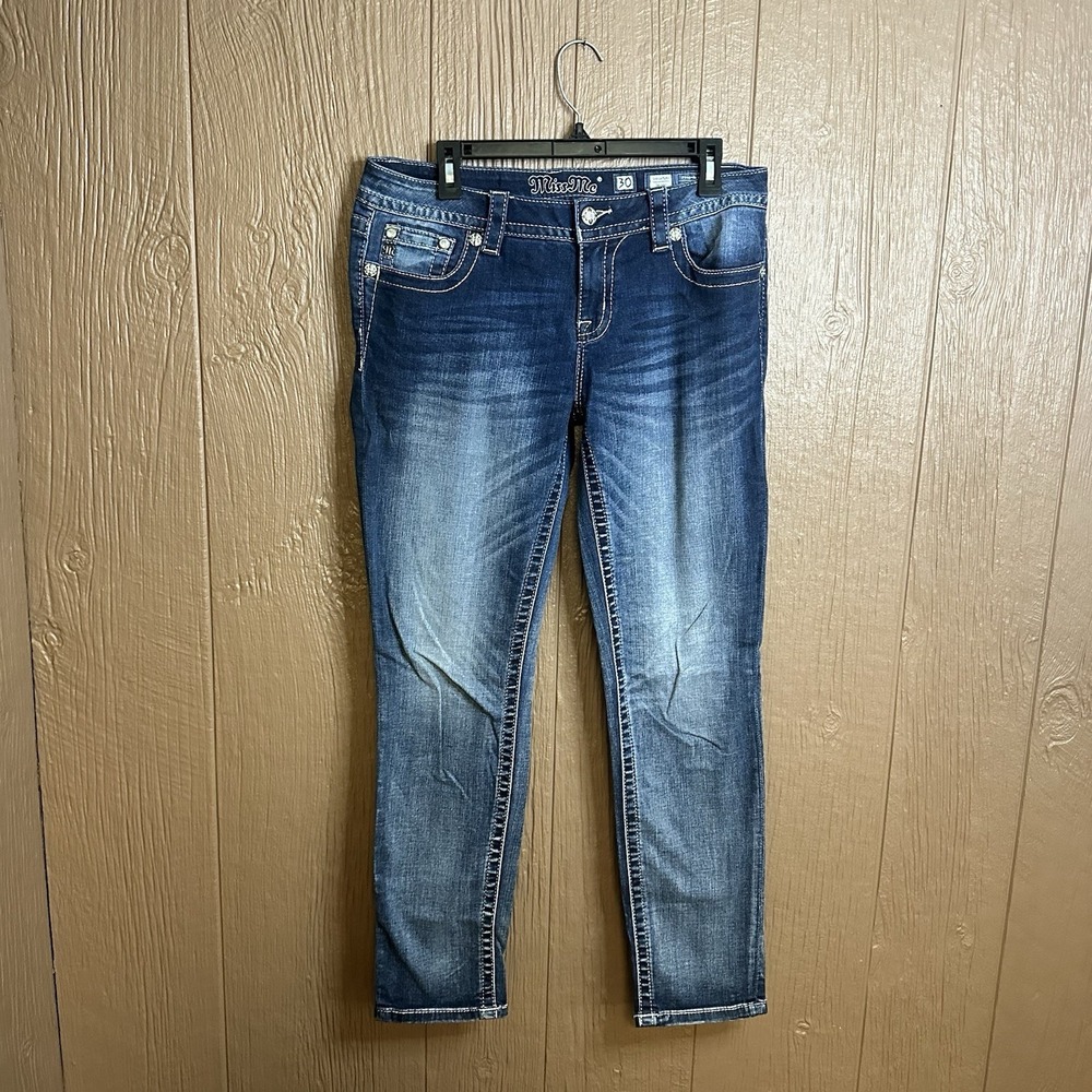 Miss Me Jeans Womens Sz 30 Signature Skinny Ankle Low Rise Logo Blue Medium Wash